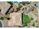 A bird's eye view of a backyard with swimming pool, manicured lawn, and desert landscaping at 983 Cutter St, Henderson, NV 89011