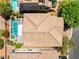 Overhead view showcases a private pool and meticulously landscaped backyard retreat at 10474 Palmadora St, Las Vegas, NV 89178