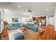 Cozy living area features blue sofas, hardwood floors, and an open layout at 2164 Noonday Ct, Henderson, NV 89052