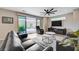 Bright living room with hardwood floors, stylish furniture, and sliding glass doors to the outdoor patio at 2651 Deep Canyon St, Henderson, NV 89044