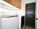 Well-lit laundry room with modern appliances, wood cabinets, and a convenient side door at 10902 Pentland Downs St, Las Vegas, NV 89141