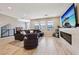 Spacious living area with sofa, electric fireplace, and media center with bright lighting at 8042 Misty Canyon Ave, Las Vegas, NV 89113