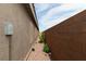 Side yard of home features gravel and small shrubbery surrounded by brick walls and stucco siding at 2787 Sunken Ship St, Laughlin, NV 89029