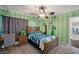 Bedroom with green striped walls, a bed with a blue bedspread, and desk at 335 Pleasant Summit Dr, Henderson, NV 89012