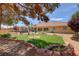 Spacious backyard featuring desert landscaping, green lawn, and a covered patio for entertaining at 4650 Stoneham St, Pahrump, NV 89061
