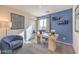 Bright office space with a modern desk, chair and blue accent wall at 7915 Pandora Sky St # 402, North Las Vegas, NV 89084
