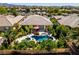 Aerial view showcases a charming home with a private backyard pool, spa, and lush, colorful landscaping at 8221 Bay Dunes St, Las Vegas, NV 89131
