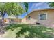 Large backyard with lush grass, mature trees, covered patio, and privacy fence, perfect for outdoor living and entertaining at 839 Benita Pl, Boulder City, NV 89005