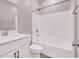Bathroom featuring a white vanity, tub, and shower combination, offering a clean and functional space at 9330 Brookmont Ave, Las Vegas, NV 89149
