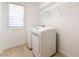 Compact laundry room with modern white washer and dryer, window, and storage shelving at 10315 Turia Gardens Rd, Las Vegas, NV 89135