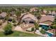 Expansive aerial view showcases a meticulously landscaped backyard with a pool, spa, and lush greenery at 2505 Links Dr, Laughlin, NV 89029