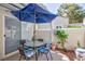 Cozy outdoor patio space with a blue umbrella, dining table, and seating area at 2749 Lodestone Dr, Las Vegas, NV 89117