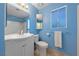 Bright, blue-themed bathroom featuring a vanity, toilet, and shower at 823 Schooner Dr, Henderson, NV 89015