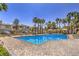 Beautiful community pool surrounded by palm trees, lounge chairs, and covered seating areas at 251 S Green Valley Pkwy # 1421, Henderson, NV 89012