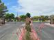 Community gate with black iron fencing, brick columns, and manicured landscaping at 412 Orchid Oasis Ave, North Las Vegas, NV 89031