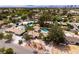 This aerial view of a home features a backyard with a swimming pool, lush landscaping, and city views at 4219 E Pinecrest Cir, Las Vegas, NV 89121