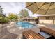 Enjoy outdoor living with a refreshing pool, surrounded by lush greenery and comfortable lounging options at 4219 E Pinecrest Cir, Las Vegas, NV 89121