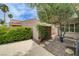 Backyard with desert landscaping has a side yard with concrete walkway and small rocks at 7606 Grove Acre Ct, Las Vegas, NV 89131