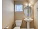 Neutral bathroom featuring pedestal sink, oval mirror, and a white toilet at 7963 Cape Brett St, Las Vegas, NV 89131