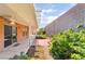 Covered patio with block wall and sliding glass doors, overlooking the landscaped backyard at 940 Rifle Dr, Henderson, NV 89002