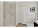 Bright bathroom featuring a modern shower with glass enclosure and tile flooring at 150 Las Vegas Blvd # 1503, Las Vegas, NV 89101