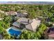 Aerial view of a luxurious home featuring a sparkling pool and lush landscaping, creating a private oasis at 2309 Prometheus Ct, Henderson, NV 89074