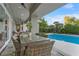 Covered outdoor dining area with wicker furniture, overlooking the pool and landscaped yard at 2309 Prometheus Ct, Henderson, NV 89074