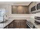 Stylish kitchen featuring granite countertops, a stainless steel oven and microwave at 2773 Green Envy Ave # 245, North Las Vegas, NV 89086