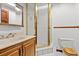 Bathroom featuring a vanity, a shower with a gold frame, and a toilet at 5230 Whispering Robin Ln, Mount Charleston, NV 89124
