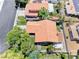 Aerial view of a neighborhood with homes featuring tile roofs, lush trees, and neatly paved roads at 5639 Guiding Star Cir, North Las Vegas, NV 89031