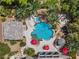 Stunning aerial view showcases a resort-style backyard with a sparkling pool, spa, and lush landscaping at 7001 Via Locanda Ave, Las Vegas, NV 89131