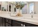 Close-up view of a bathroom vanity with double sinks, sleek countertops, and decorative accents for an upscale feel at 2750 Evolutionary Ln, Las Vegas, NV 89138
