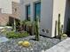 Unique desert landscaping with various cacti and stone ground cover creates a striking curb appeal at 358 Solitude Peak Ln, Henderson, NV 89012