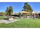 Grassy picnic area with tables, benches, grills, and shade structures, surrounded by trees and a playground in the background at 4308 Desert Haven Ave, North Las Vegas, NV 89085