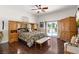 Inviting main bedroom with wood floors, ample storage, and sliding glass doors to pool at 5104 Burr Oak Dr, Las Vegas, NV 89130