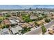Wide aerial view of a residential neighborhood with lush greenery and a distant city skyline at 601 Cragin Park Dr, Las Vegas, NV 89107