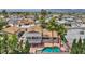 Aerial view showcasing a private backyard with an in-ground pool, surrounded by palm trees and a covered balcony at 601 Cragin Park Dr, Las Vegas, NV 89107
