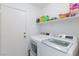 Laundry room featuring a new washer and dryer with storage shelves at 610 Playa Del Sol Way, Henderson, NV 89015
