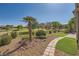 Beautifully landscaped backyard featuring a palm tree, lush greenery, and a charming stone pathway at 10013 Hunter Springs Dr, Las Vegas, NV 89134