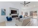 Bright living room with ceiling fan, fireplace, a cozy seating arrangement, and seamless access to the backyard at 4176 Demoline Cir, Las Vegas, NV 89141