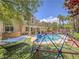 Lush backyard featuring a sparkling pool, mature trees, and plenty of space for outdoor activities at 8106 Eagle Clan Ct, Las Vegas, NV 89131