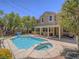 Inviting backyard featuring a sparkling pool, spa, covered patio, and mature trees at 8106 Eagle Clan Ct, Las Vegas, NV 89131