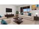 Comfortable living room is virtually staged, and it has a sofa, chairs, coffee table and entertainment center at 1398 Pin Cushion Rdg, Mesquite, NV 89034