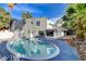 A charming backyard featuring a sparkling swimming pool, patio space, and meticulously landscaped greenery at 1600 Becke Cir, Las Vegas, NV 89104
