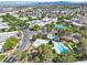 Beautiful aerial view of community featuring a swimming pool, tennis courts, lush trees and well-maintained grounds at 163 Greenbriar Townhouse Way, Las Vegas, NV 89121