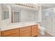 Spacious bathroom with double vanity, shower, and large mirror at 2039 Colvin Run Dr, Henderson, NV 89052