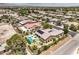 Aerial view of a neighborhood showcasing homes with pools, lush landscaping, and well-maintained yards at 7111 Bath Dr, Las Vegas, NV 89131