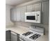 Close up of stainless steel appliances, light gray cabinetry, and solid surface countertops at 1501 Wintergreen Dr, Las Vegas, NV 89128