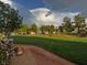 Picturesque park view highlights the walking path, lush greenery, playground, and open space, creating a vibrant community atmosphere at 2419 Pebble Springs Ct, Henderson, NV 89074