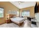Bedroom with natural lighting, vaulted ceilings, and dedicated desk/study space at 2808 Cygnus St, Las Vegas, NV 89117